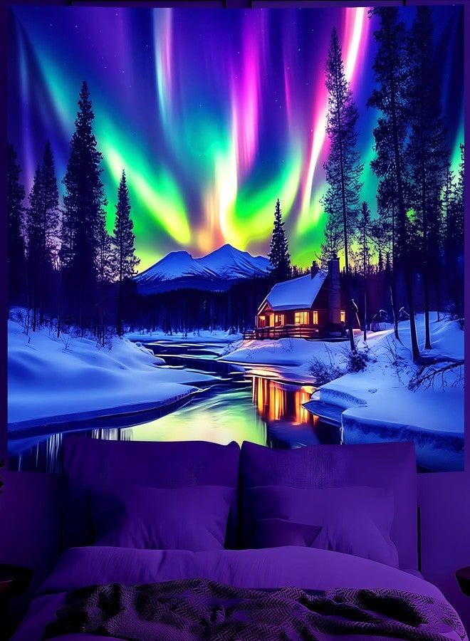 BVBOX Blacklight Northern Lights Tapestry 79" x 59", Aurora Snow Mountains Forest Lake Hut Northern Lights Backdrop Decor, UV Reactive Glow In The Dark Aurora Borealis Backdrop - Image 1